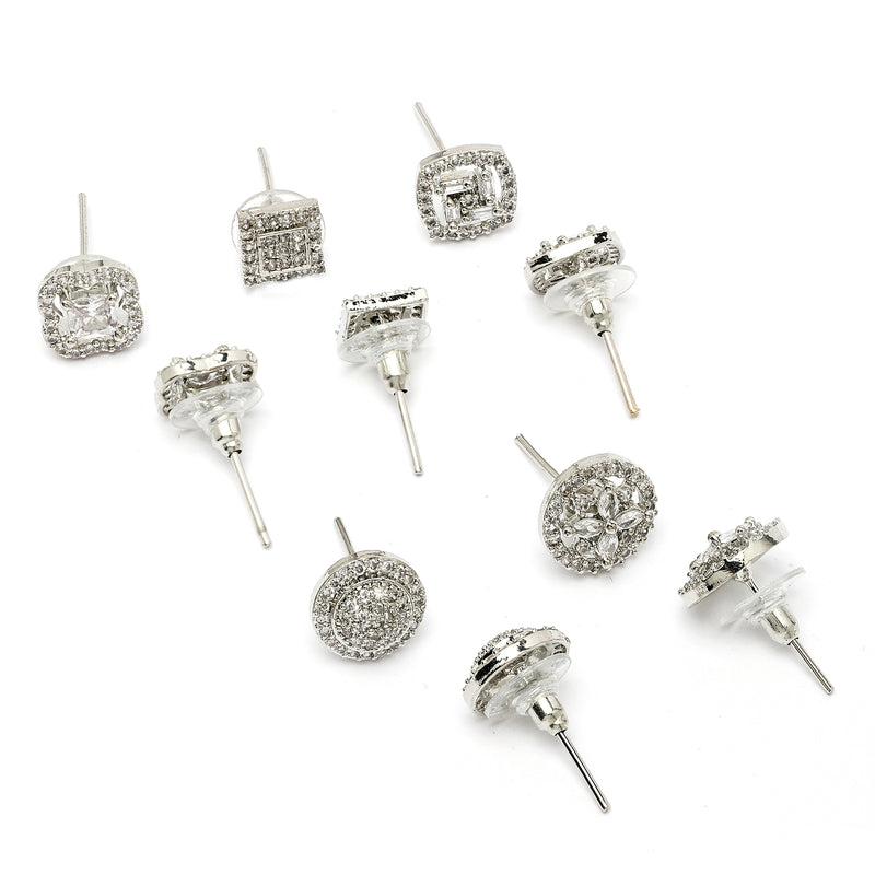 Rhodium Plated Earring Set of 5 with Unique Designs & White American Diamonds Studded