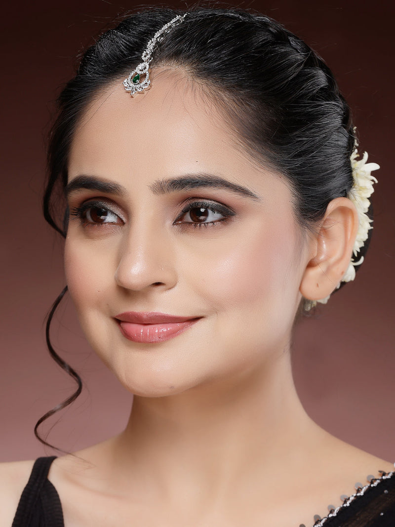 Rhodium Plated Silver Toned  Round & Teardrop Shaped Green American Diamond Studded Maang Tikka