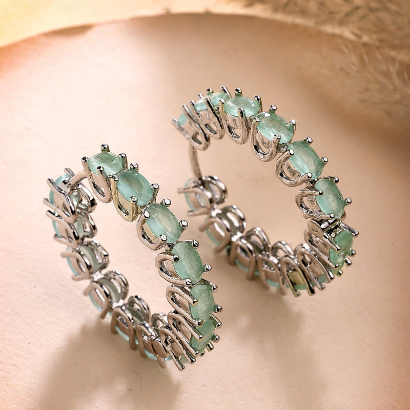 Rhodium Plated Silver Toned Sea Green American Diamond Embellished Hoop Earrings