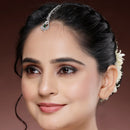 Rhodium Plated Silver Toned  Round & Teardrop Shaped Green American Diamond Studded Maang Tikka