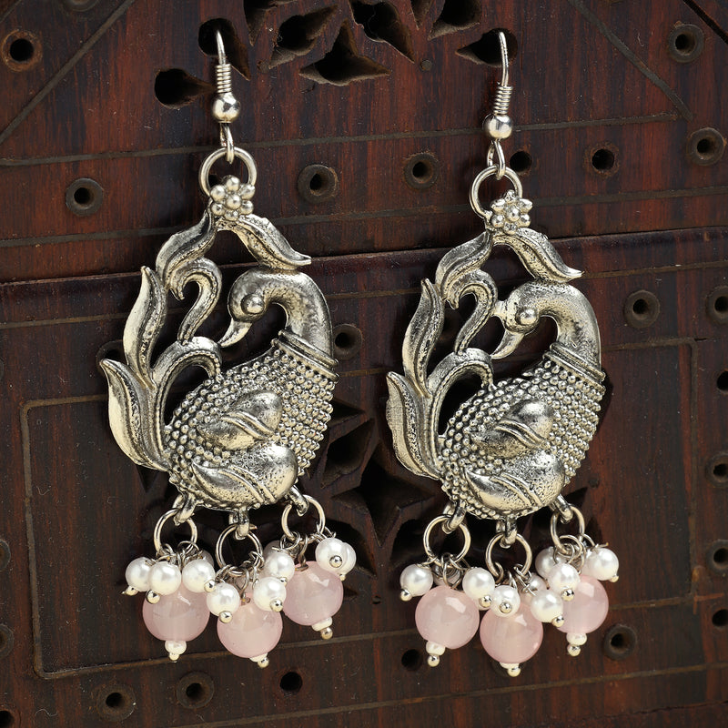 Oxidised Silver Toned Peacock Style Pink Pearl Studded Earrings
