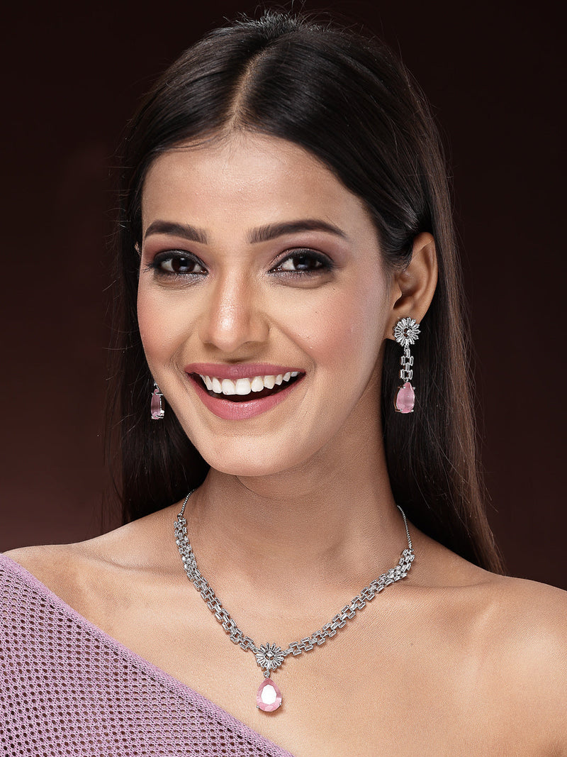 Rhodium Plated Silver Toned Teardrop Shaped Pink American Diamond Studded Necklace Set