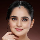 Rhodium Plated Silver Toned Teardrop Shaped Green American Diamond Studded Maang Tikka