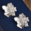 Rhodium Plated Silver Toned Floral Shaped Cubic Zirconia Studded Earrings