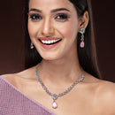 Rhodium Plated Silver Toned Teardrop Shaped Pink American Diamond Studded Necklace Set