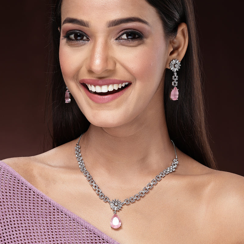 Rhodium Plated Silver Toned Teardrop Shaped Pink American Diamond Studded Necklace Set