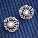 Rhodium Plated Silver Toned Floral Shaped White American Diamond & Pearl Studded Stud Earrings
