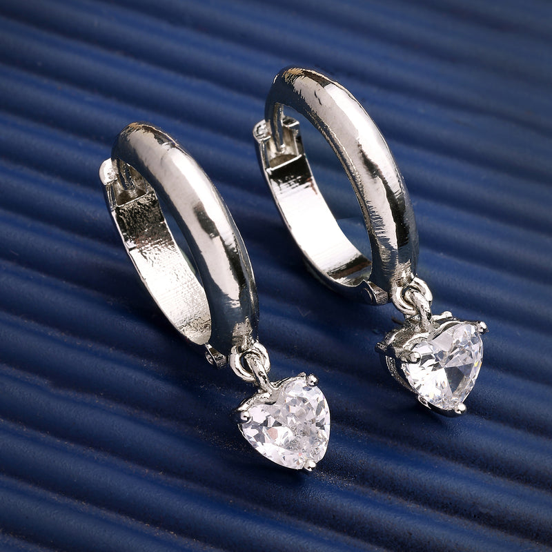 Rhodium Plated Silver Toned Teardrop Shaped White American Diamond Studded Hoop Earrings