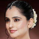 Rhodium Plated Silver Toned  Floral Blue American Diamond Studded  Maang Tikka