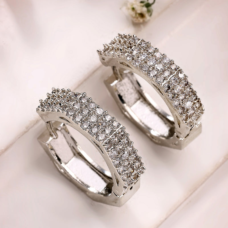 Rhodium Plated Silver Toned Geometric Shaped White American Diamond Studded Hoop Earrings
