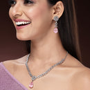 Rhodium Plated Silver Toned Teardrop Shaped Pink American Diamond Studded Necklace Set