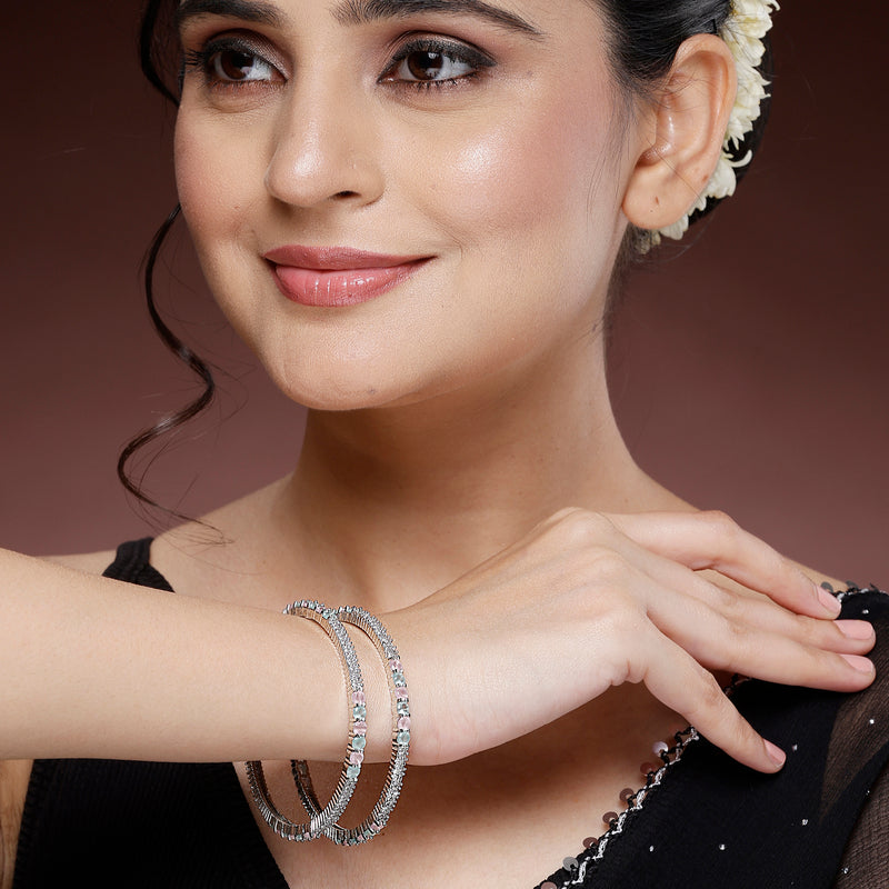 Rhodium Plated Pastel American Diamonds Studded Kada Bangles