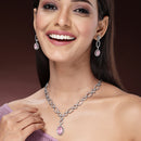 Rhodium Plated with Pink American Diamond Studded Jewellery Set