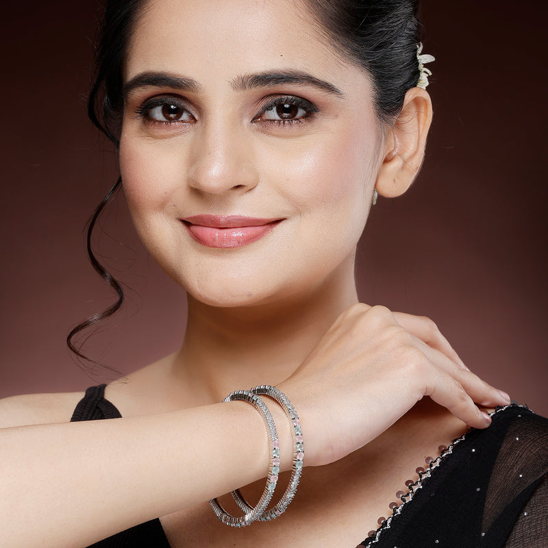 Rhodium Plated Pastel American Diamonds Studded Kada Bangles
