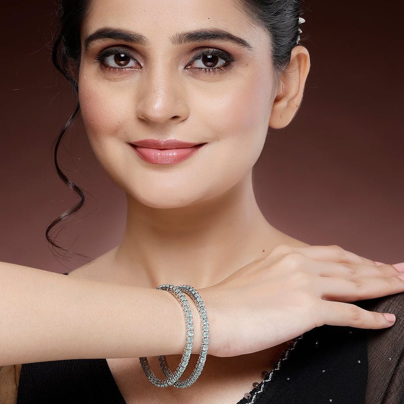 Rhodium Plated Sea Green American Diamond Studded Thin Bangles