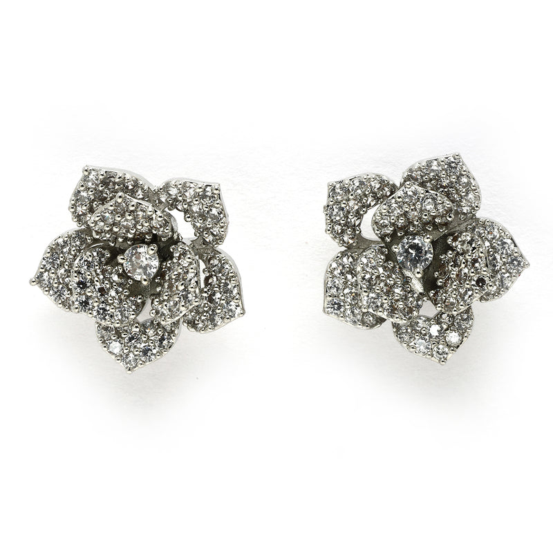 Rhodium Plated with White American Diamonds Studded Floral Shaped Pendent Combo Set