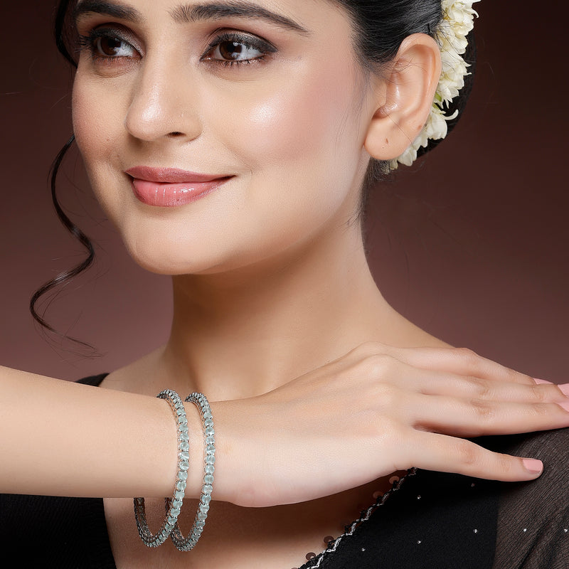 Rhodium Plated Sea Green American Diamond Studded Thin Bangles