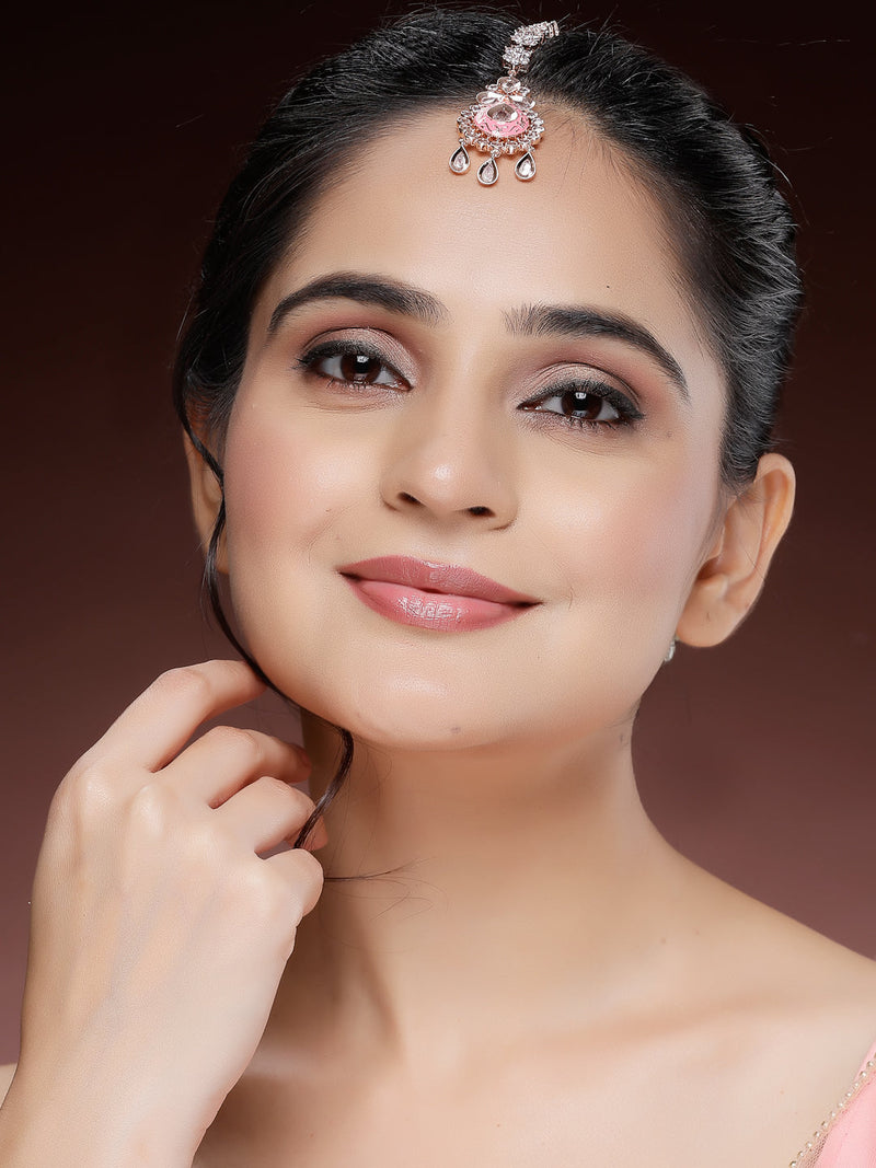 Rose Gold Plated Teardrop Design American Diamonds Studded Maang Tikka