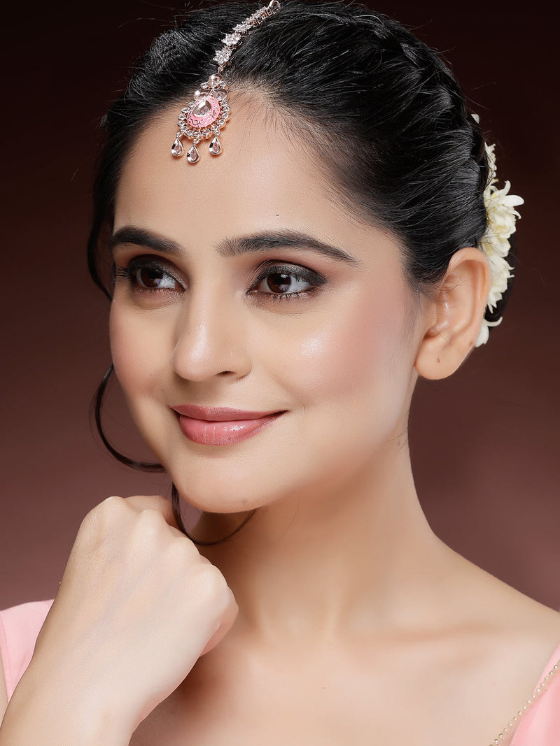 Rose Gold Plated Teardrop Design American Diamonds Studded Maang Tikka