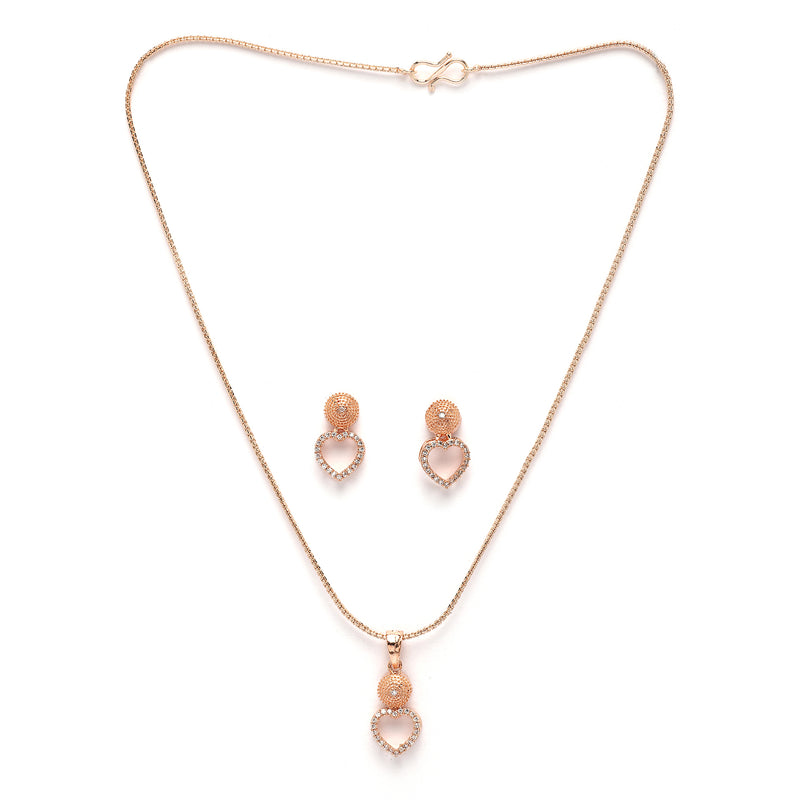 Rose Gold Plated with White American Diamonds Studded Heart Shaped Pendent Combo Set