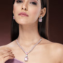 Rhodium Plated Silver Toned Pink American Diamond Studded Jewellery Set