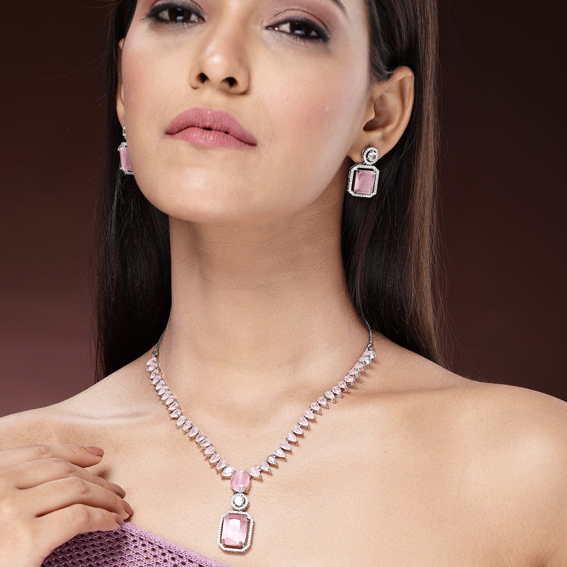 Rhodium Plated Silver Toned Pink American Diamond Studded Jewellery Set