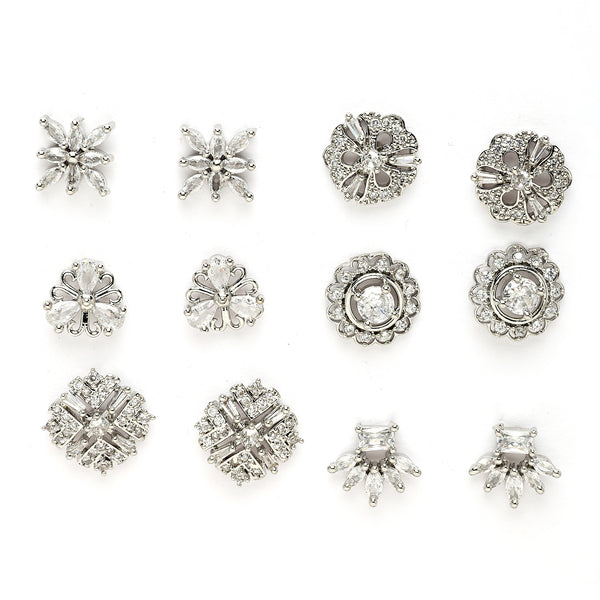 Rhodium Plated with White American Diamonds Studded Combo Set of 6 Stud Earrings