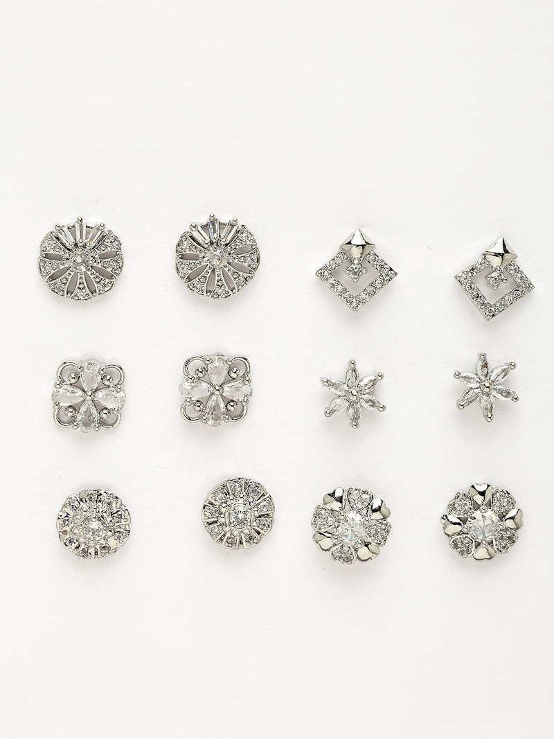 Rhodium Plated with White American Diamonds Studded Combo Set of 6 Stud Earrings