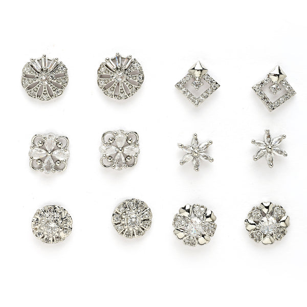 Rhodium Plated with White American Diamonds Studded Combo Set of 6 Stud Earrings