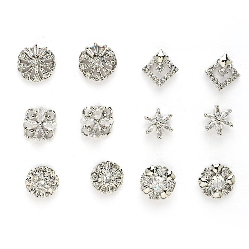 Rhodium Plated with White American Diamonds Studded Combo Set of 6 Stud Earrings