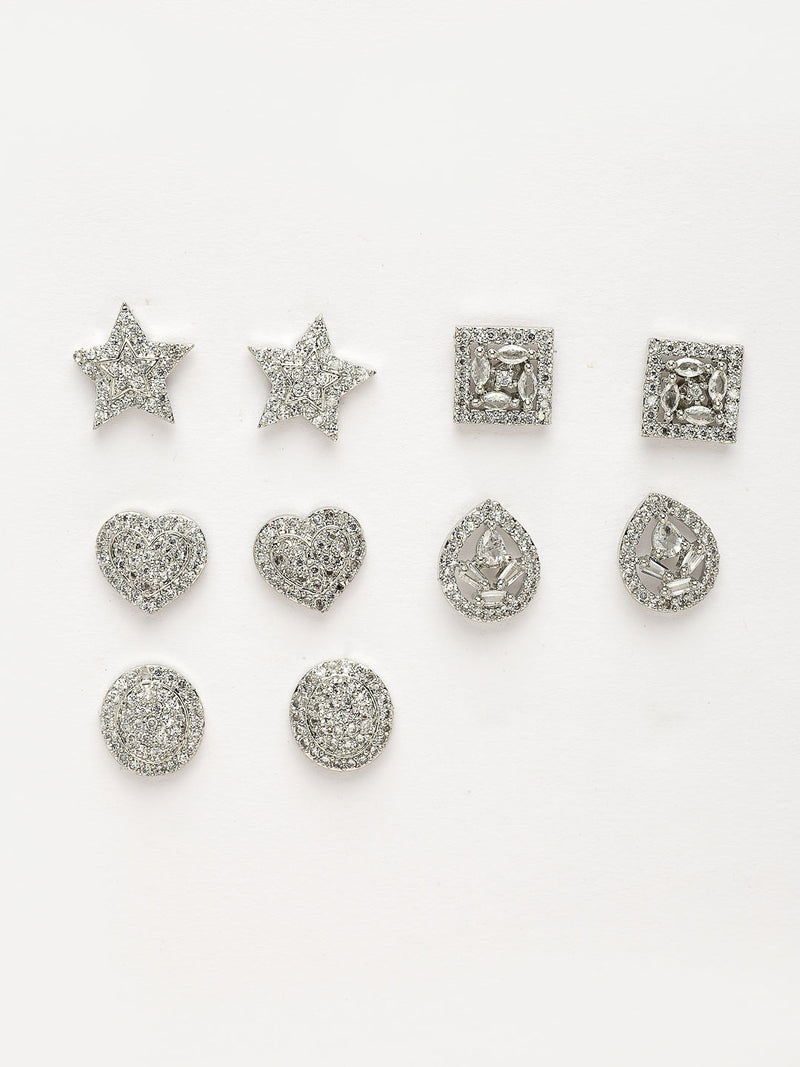Rhodium Plated Earring Collection of 5 Unique Designs with White American Diamonds