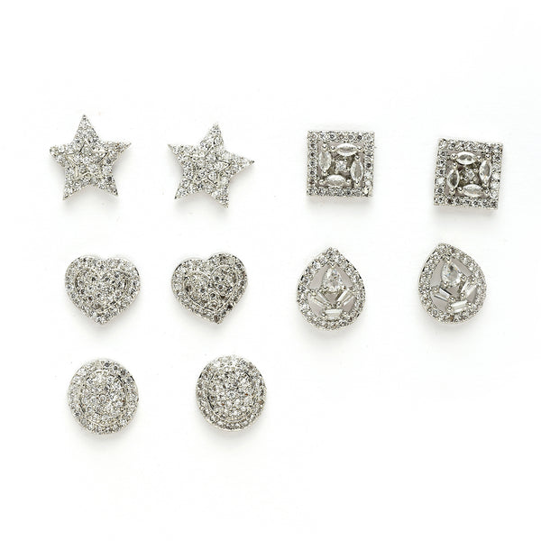 Rhodium Plated Earring Collection of 5 Unique Designs with White American Diamonds