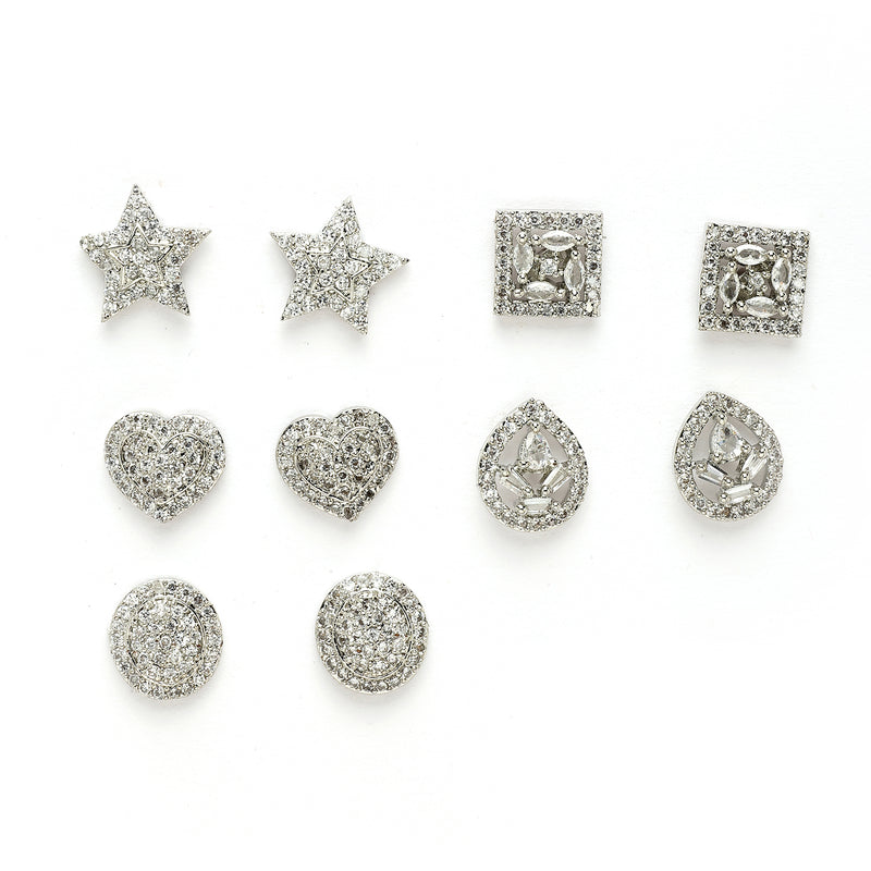 Rhodium Plated Earring Collection of 5 Unique Designs with White American Diamonds