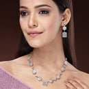 Rhodium Plated Silver Toned Blossom and Square Design White American Diamond Stone Studded Jewellery Set