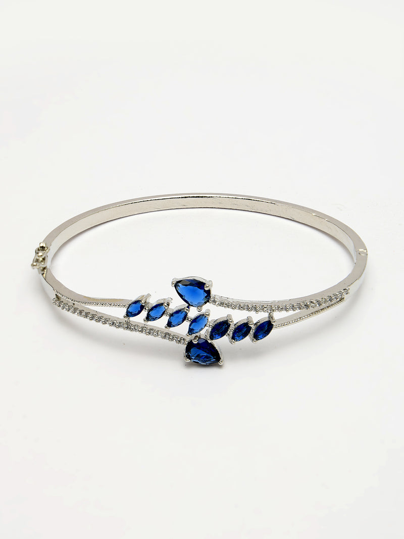 Rhodium Plated Silver Toned  Leaf Design Blue Teardrop American Diamond Studded Cuff Bracelet