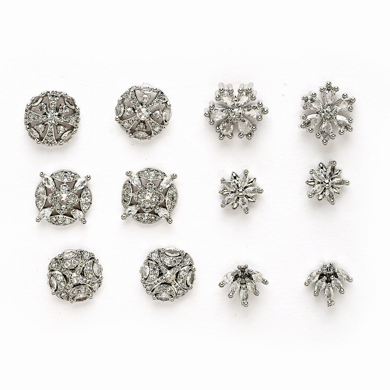 Rhodium Plated Combo Set of 6 Unique Earrings with White American Diamond Studded