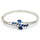 Rhodium Plated Silver Toned  Leaf Design Blue Teardrop American Diamond Studded Cuff Bracelet