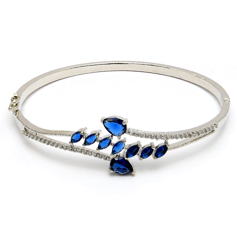 Rhodium Plated Silver Toned  Leaf Design Blue Teardrop American Diamond Studded Cuff Bracelet