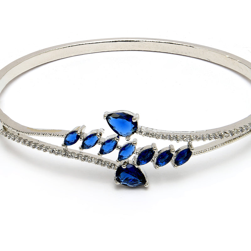 Rhodium Plated Silver Toned  Leaf Design Blue Teardrop American Diamond Studded Cuff Bracelet