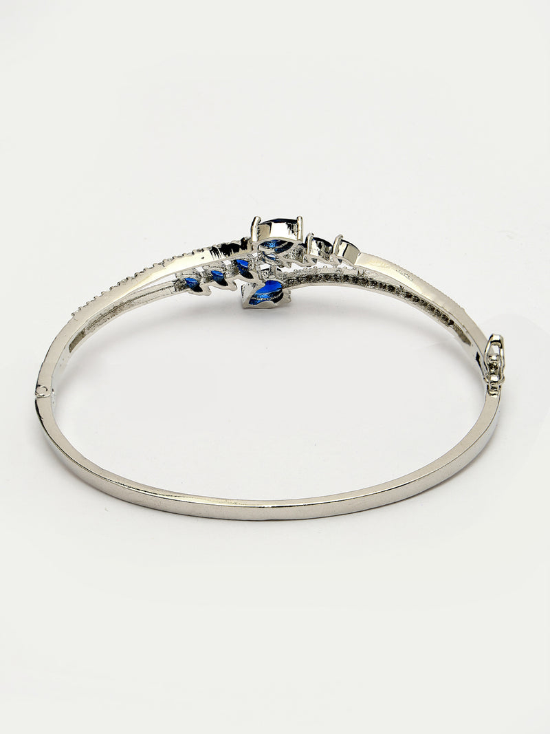 Rhodium Plated Silver Toned  Leaf Design Blue Teardrop American Diamond Studded Cuff Bracelet