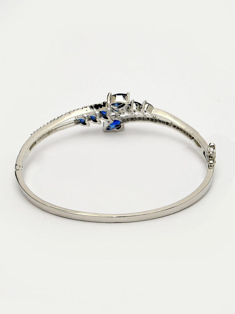 Rhodium Plated Silver Toned  Leaf Design Blue Teardrop American Diamond Studded Cuff Bracelet