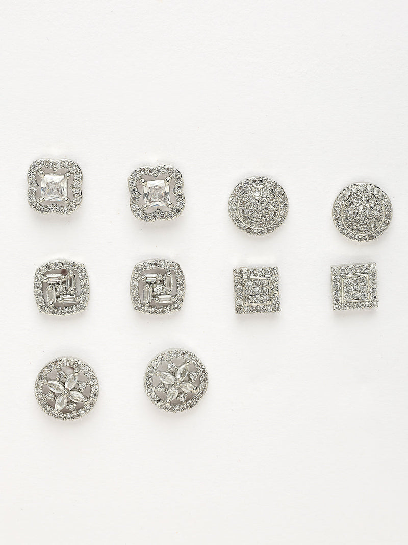 Rhodium Plated Earring Set of 5 with Unique Designs & White American Diamonds Studded