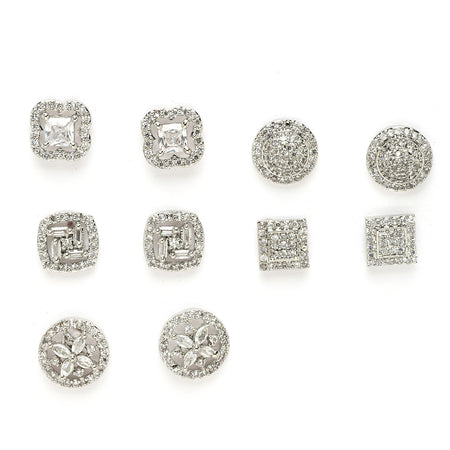 Rhodium Plated Earring Set of 5 with Unique Designs & White American Diamonds Studded