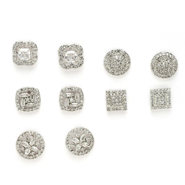 Rhodium Plated Earring Set of 5 with Unique Designs & White American Diamonds Studded