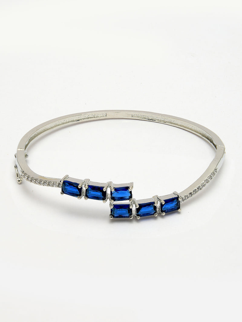 Rhodium Plated Silver Toned Blue Baguette Cut American Diamond Studded Cuff Bracelet