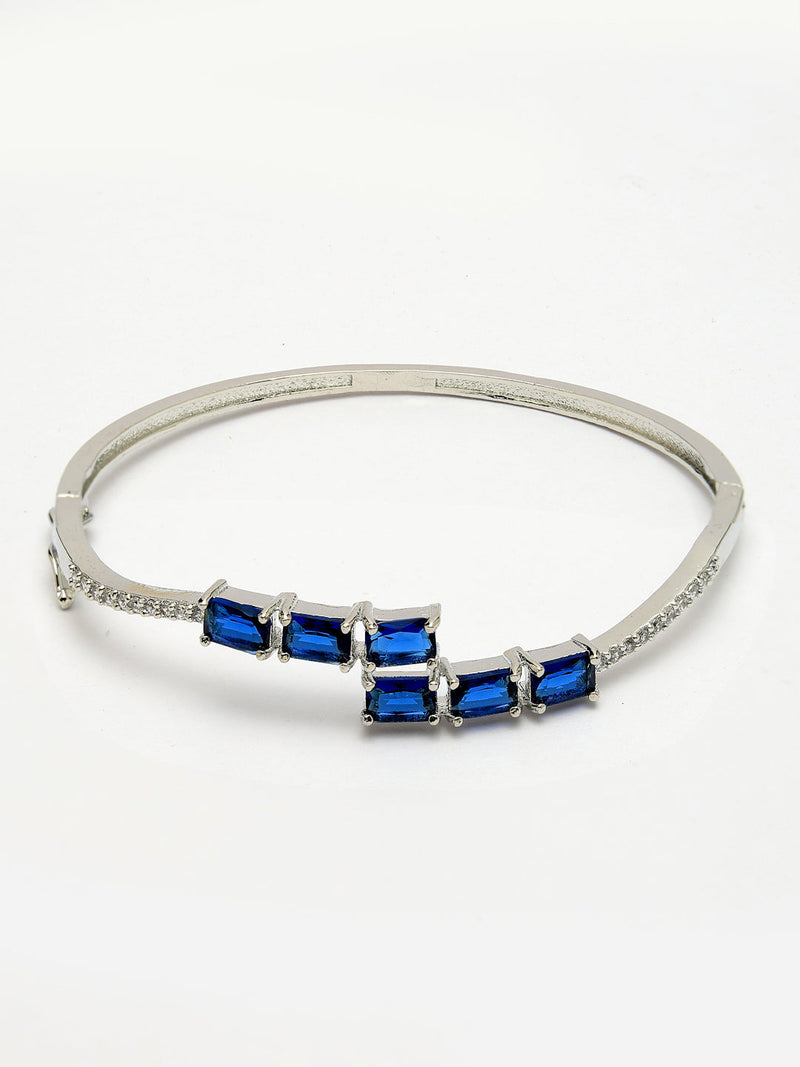Rhodium Plated Silver Toned Blue Baguette Cut American Diamond Studded Cuff Bracelet