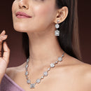 Rhodium Plated Silver Toned Blossom and Square Design White American Diamond Stone Studded Jewellery Set