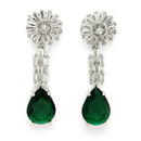 Rhodium Plated Silver Toned Teardrop Shaped Green American Diamond Studded Necklace Set