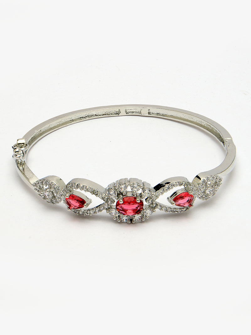 Rhodium Plated Silver Toned Oval & Teardrop Red American Diamond Studded Cuff Bracelet