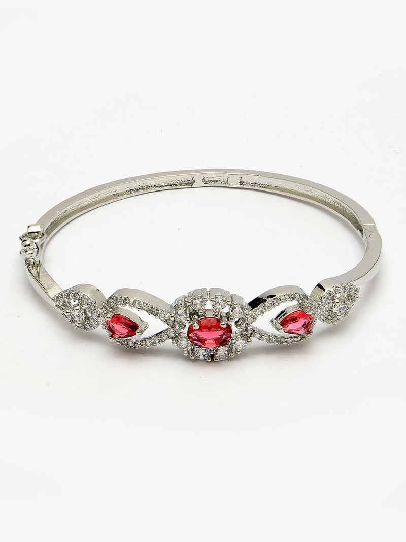 Rhodium Plated Silver Toned Oval & Teardrop Red American Diamond Studded Cuff Bracelet